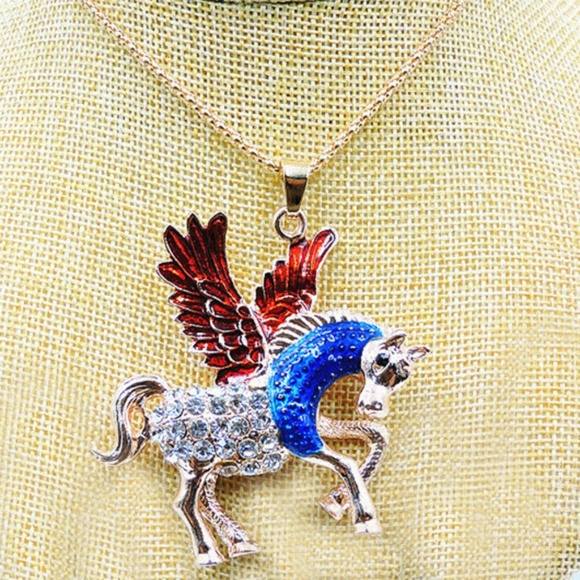 Winged Pegasus Red, Blue,Clear Rhinestone Necklace - Betsey Johnson - Picture 3 of 6